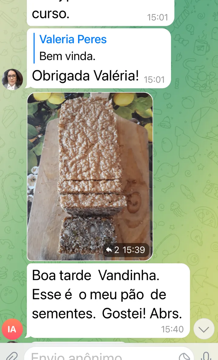 Depoimento no WhatsApp: pão de sementes gostei abrs